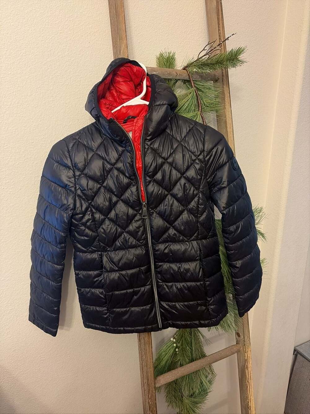 Noize Kerry-G Girls Diamond Quilted Hooded Puffer Jacket Black with Red Lining